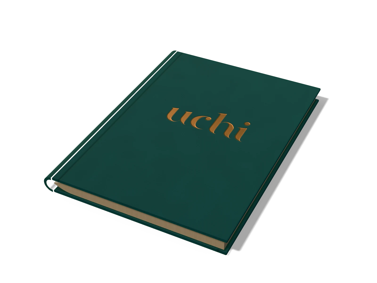The uchi menu: a teal cloth-bound book with the logo in gold foil