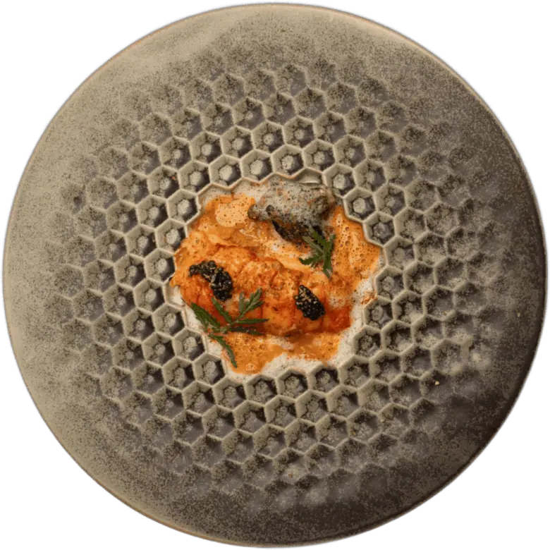 Truffle lobster on a textured stoneware plate